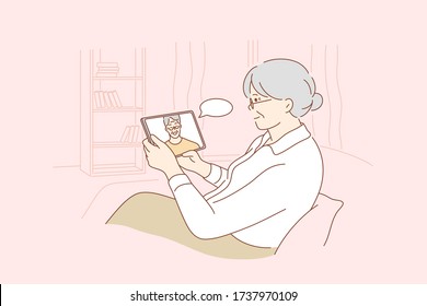 Communication, video conference concept. Old aged woman grandmother pensioner cartoon character sitting on chair and talking with grandfather husband online. Remote conversation at home illustration.