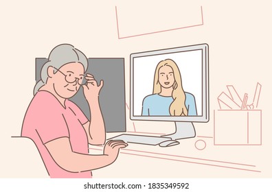Communication, video conference concept. Old aged woman grandmother pensioner cartoon character sitting on chair and talking with daughter online. Remote conversation at home illustration.