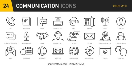 Communication web icon in line style. Chat, speech bubble, talking, point, chat, support, message, phone, globe, call, info collection. Vector illustration.	