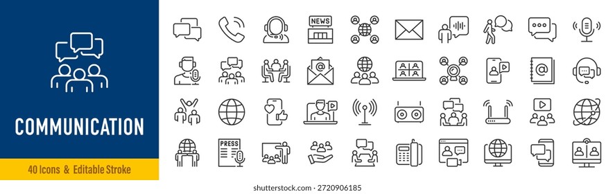 Ícone da Web de comunicação em estilo de linha. Bate-papo, balão de fala, falar, ponto, bate-papo, suporte, mensagem, telefone, globo, chamada, coleta de informações. Traçado editável. Ilustração vetorial.