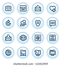 Communication web icons on blue buttons.