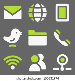 Communication web icons, white and green on grey