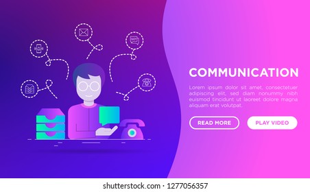 Communication web page template: man sending message. Flat gradient style. Thin line icons: email, phone, chat, contacts, inbox, message. Vector illustration.