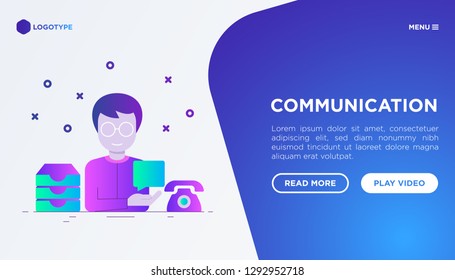 Communication web page template: man with speech bubble, inbox e-mail, telephone. Flat gradient style. Modern vector illustration.
