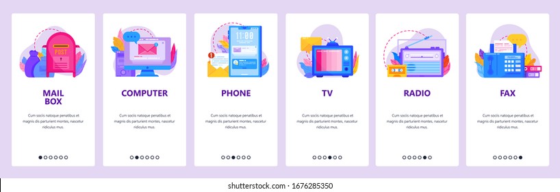 Kommunikations-Website und mobile App-Onboarding-Bildschirme. Menübanner-Vektorillustration-Vorlage für Website- und Anwendungsentwicklung mit abstrakten Formen. Telefon, Computer, Post, Radio, Fernsehen, Fax-Kommunikation.