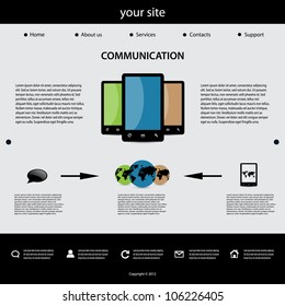 Communication Website Mockup – Modern Layout with Smartphone Graphics, Flow Diagram, and UI Icons. A clean and modern website layout mockup themed around communication. The header includes the label "your site" and navigation links such as Home, About Us, Services, Contacts, and Support. The central section features a graphic of three overlapping smartphones in green, blue, and brown, flanked by placeholder text blocks. Below, a visual flow diagram illustrates a communication process using icons: a speech bubble, globe with users, and a smartphone with a message. The footer includes additional icons and placeholder text representing site features like user profiles, synchronization, and data sharing, along with a copyright notice dated 2012. Ideal for UI, UX presentations, web design concepts, and digital communication themes. Suitable for both commercial and editorial use across print and digital platforms.