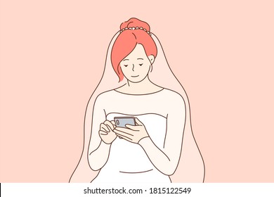 Communication, wedding, technology, media concept. Young happy smiling woman girl bride cartoon character sits using smartphone for social network and sharing news. Digital technologies illustration.