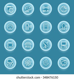 Communication white icons with luminous buttons on blue background.