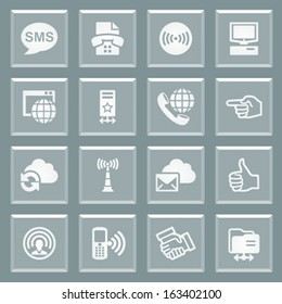 Communication white icons on glass buttons.