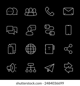 Kommunikation, weiße Linien-Symbole. Symbole für verschiedene Formen der Kommunikation. Unverzichtbar für Medien- und Technologiethemen. Symbole auf schwarzem Hintergrund. Bearbeitbarer Strich.