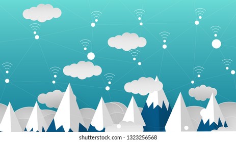 Communication wifi network on snow mountain with clouds landscape background.