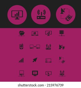 communication, wireless technology, internet black icons, signs, illustrations, objects set, vector