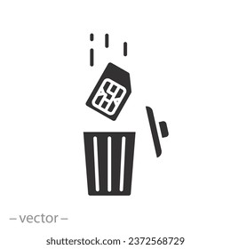 communication without a simcard icon, sim card in trash bin, thin line symbol on white background - vector illustration