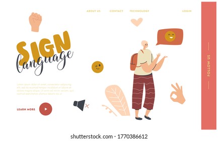 Communication without Words Landing Page Template. Woman with Backpack Gesticulate. Female Character Use Deaf Gesture Language Using Hand Gestures with No Sounds. Linear Vector Illustration