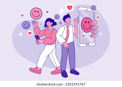 Esbozo de la mujer y el hombre de la comunicación. Medios sociales sobre concepto móvil. Pareja de chat por teléfono móvil. concepto de red social. Chat en el sitio web de la página de inicio. Ilustración vectorial mínima de estilo plano.