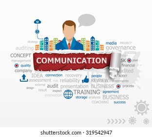 Communication word cloud concept and business man. Communication design illustration concepts for business, consulting, finance, management, career.