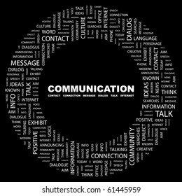 COMMUNICATION. Word collage on black background. Illustration with different association terms.
