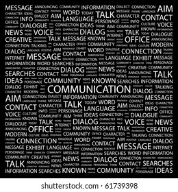 COMMUNICATION. Word collage on black background. Illustration with different association terms.