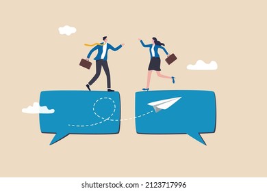 Communication or work discussion, sending message or telling new idea, conversation to gather information and solution concept, businessman and woman having conversation on chat speech bubble.