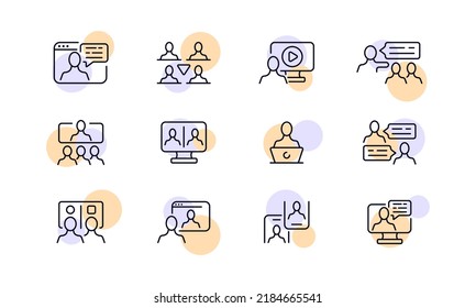 Icono de comunicación en el conjunto de trabajo. Empleado, subordinados, conferencia en línea, reunión, computadora, teléfono, burbuja de voz, presentación. Concepto de negocio. Icono de línea de vector para negocios y publicidad.