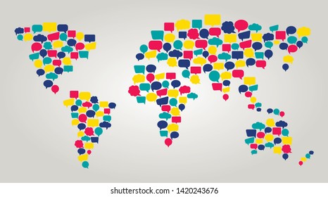 Communication world map. Worldwide connection and support.Map made of colorful speech bubbles. Symbol Of language translation and interpretation. Network around the world. Vector illustration.
