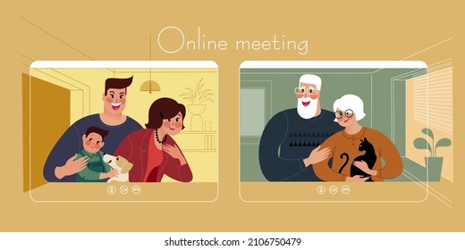 Communication of a young married couple with a child with elderly parents via video chat application under in Self-isolation quarantine conditions. Vector illustration for landing page mockup 