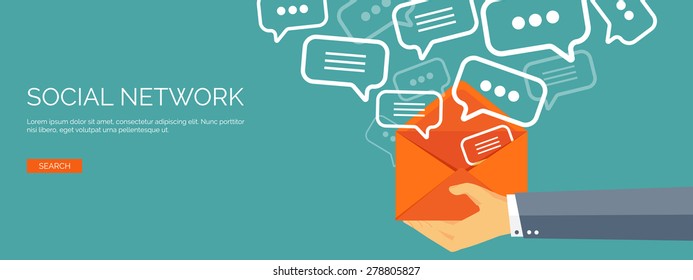 Communication,chatting.Flat style.Social media app,mobile instant messenger,web chat.International social network.Virtual communication and media sharing.Email message.Social media marketing strategy.