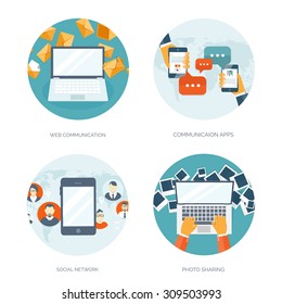 Communication,chatting.Flat style.Social media app,mobile instant messenger,web chat.International social network.Virtual communication and media sharing.Email message.Social media marketing strategy.