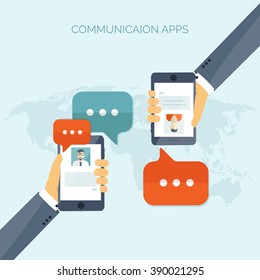 Communication,chatting.Flat style.Social media app,mobile instant messenger,web chat.International social network.Virtual communication and media sharing.Email message.Social media marketing strategy.