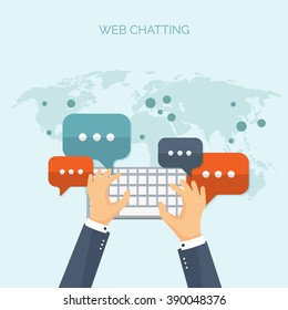 Communication,chatting.Flat style.Social media app,mobile instant messenger,web chat.International social network.Virtual communication and media sharing.Email message.Social media marketing strategy.