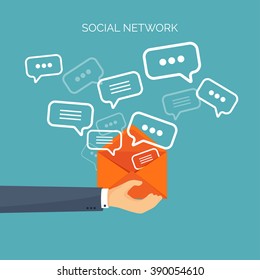Communication,chatting.Flat style.Social media app,mobile instant messenger,web chat.International social network.Virtual communication and media sharing.Email message.Social media marketing strategy.
