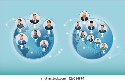 The communications business world. Network of cooperation partners.Ethnic people in international.