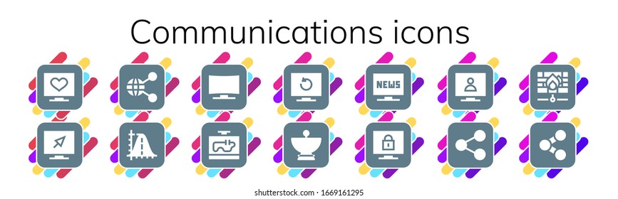 communications icon set. 14 filled communications icons. Included Television, Share, Parabola, Satellite dish, Firewall icons