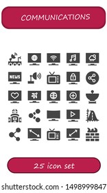 communications icon set. 25 filled communications icons.  Collection Of - Satellite dish, Television, Share, Parabola, Firewall