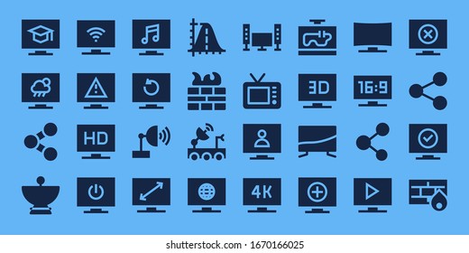 communications icon set. 32 filled communications icons. Included Television, Share, Satellite dish, Parabola, Firewall icons