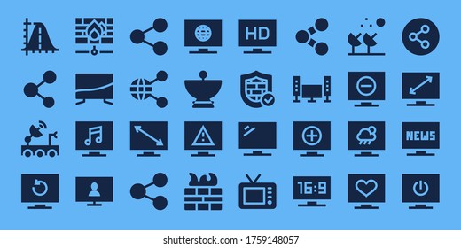 communications icon set. 32 filled communications icons. Included Parabola, Share, Satellite dish, Television, Firewall icons