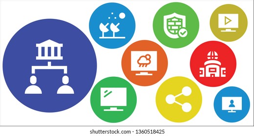 communications icon set. 9 filled communications icons.  Collection Of - Sharing, Satellite dish, Firewall, Television, Share