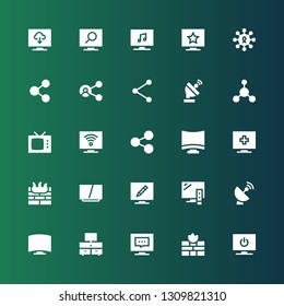 communications icon set. Collection of 25 filled communications icons included Television, Firewall, Satellite dish, Share, Sharing