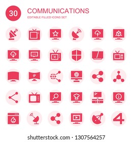 communications icon set. Collection of 30 filled communications icons included Satellite dish, Television, Firewall, Share, shared