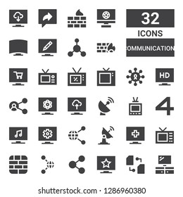 communications icon set. Collection of 32 filled communications icons included Television, Sharing, Share, Firewall, Satellite dish, shared