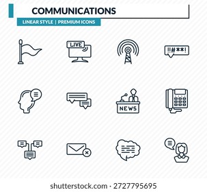 Kommunikationssymbole - schwenkende Fahne, Live-Nachrichtenbericht, Rundfunk, digitales Telefon, weibliche Datei, Vektorgrafik-Sammlung.