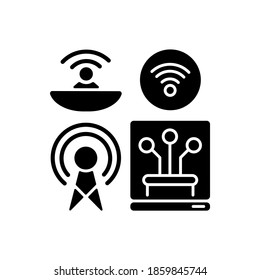 Communications infrastructure black glyph icon. Broadcasting. Information technology. Telecommunication services. Internet. Silhouette symbol on white space. Vector isolated illustration