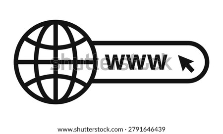 Communications and internet themed element pack, minimalist line style, web address, browser bar, cursor, and globe