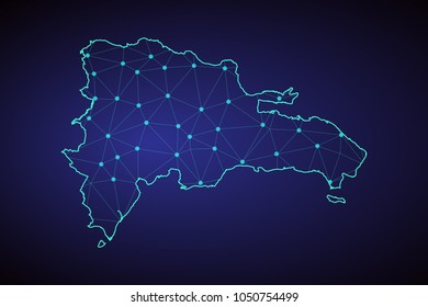 Communications map of dominican. Abstract mash line and point scales on dark background with Map of dominican Republic. Wire frame 3D mesh polygonal network line, design sphere, dot and structure.