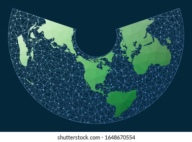 Mapa de comunicaciones del mundo. Proyección de Albers. Mapa verde del mundo con fondo de red. Globo conectado artístico para infografías o presentaciones. Vector.