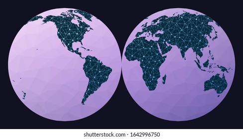 Communications map of the world. Mollweide projection interrupted into two equal-area hemispheres. World network map.