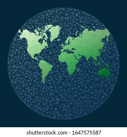 Communications map of the world. Van Der Grinten projection. Green low poly world map with network background. Powerful connected globe for infographics or presentation. Vector.