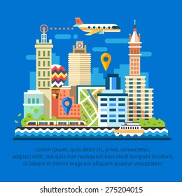 Communications of megapolis, social networks, travels with geo tags. Big city live: high-speed trains, plane, balloon, metro, office buildings, ship, ferryboat. Vector flat illustration 