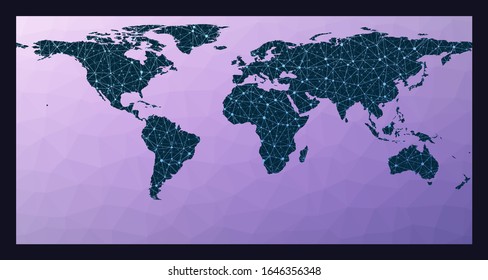Communications network map. Equirectangular (plate carree) projection. World network map. Wired globe in Equirectangular projection on geometric low poly background. Beautiful vector illustration. svg