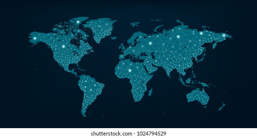 Communications network map of the world Blue map Dark blue background